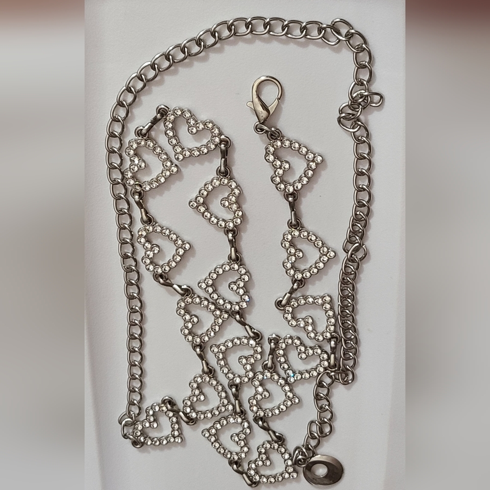 Rhinestones heart belt chain 43" long xs s m L XL adjustable silver metal euc